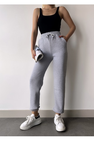 Gugus Trend Kadın Kışlık Kalın İçi Polarlı Yüksek Bel Paçası Lastikli Basic Jogger Eşofman Altı Gri