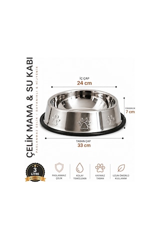 Köpekler İçin Pati Desenli Çelik Mama Su Kabı 33 Cm - 96 Oz - 3 Lt
