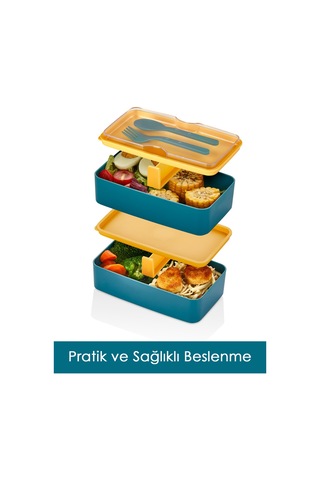 2 Katlı Ayarlanabilir Dikdörtgen Beslenme Kabı - Çatal Kaşık Servisli Yemek Saklama Kutusu Yeşil Sarı Yeşil