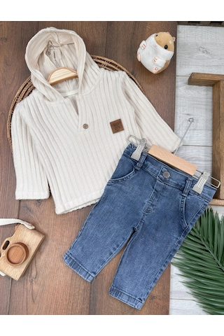 Yumuşak Doku Sweatshirt Esnek Kot Pantalonlu Erkek Bebek 2'li Takım Krem