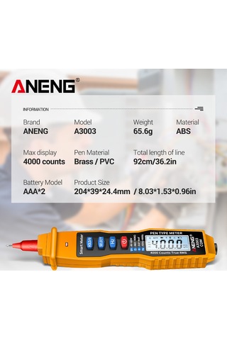 Maiyame Aneng A3003 Sarı Kalem Tipi Dijital Multimetre: Enerji Tasarrufu, Flaş Lambası, Ses Ve Işık Alarmı, 4000 Sayım Pil Dahil Değil