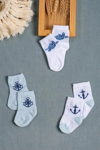 Cocole Socks Erkek Çocuk Soket Çorabı 3 Lü Set Pamuklu Kaplumbağa & Nautical Konsept Desenli Çok Renkli