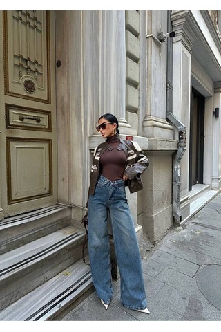 Meecy Tint Yeşili Kadın Wide Leg Jean Yüksek Bel Palazzo Likralı Esnek Kot Pantolon Mavi Mavi