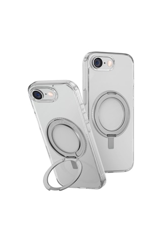 Apple iPhone Uyumlu 17e / 16e Kılıf Swivix Döner Metal Standlı Koruyucu Premium Dayanıklı Kapak Şeffaf