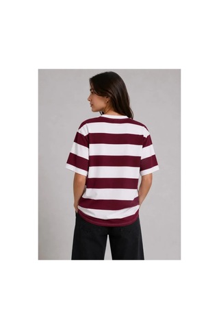 Butik İstanbul Çizgili Oversize Tişört Bisiklet Yaka Kısa Kol Yazlık T-shirt - Bordo