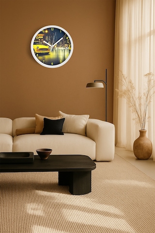 Klasik Araba Ve Gece Şehir Modern Duvar Saati - 35cm - Önü Camlı Beyaz Kasa - Sessiz Mekanizma-jh0794 Beyaz