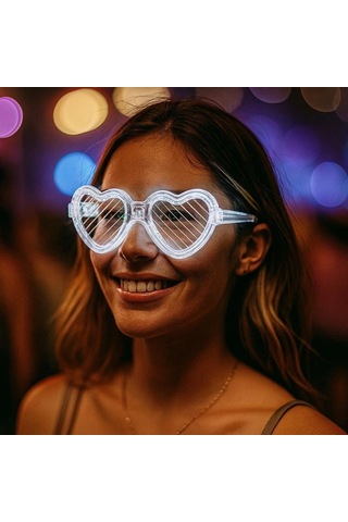 Beyaz Led Işıklı Kalp Gözlük 3 Modlu Parti Glow Gözlüğü