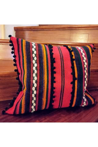 Kırmızı Kilim Boho Etnik Ponponlu İç Dolgulu Kırlent Yastık 45x35 Cm Kırmızı Turuncu Yeşil Siyah