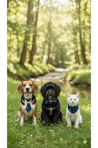 Flypet Tırtıl Desen 3lü Set Papyon + Fular+ Kravat Kedi Tasma & Yavru Köpek Tasma 13cm-24cm Ayarlanabilir Tasma