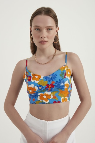 Hiccup Çiçek Desenli Sweetheart Yaka Kolsuz Crop Top Mavi