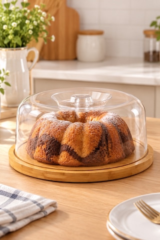 Bambu Tabanlı Şeffaf Kapaklı Kek Ve Pasta Sunumluk 28 Cm Yuvarlak Servis Tabağı Bej