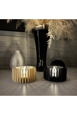Storeşahin 3d Baskı Modern Çizgili Mumluk - Tealight Mumluk 1 Adet -bej Shn0720