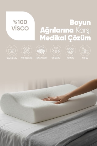 Ortopedik Visko Yastık - Boyun Düzleşmesi İçin Tek Taraflı Visco Yastık Süper Soft Beyaz