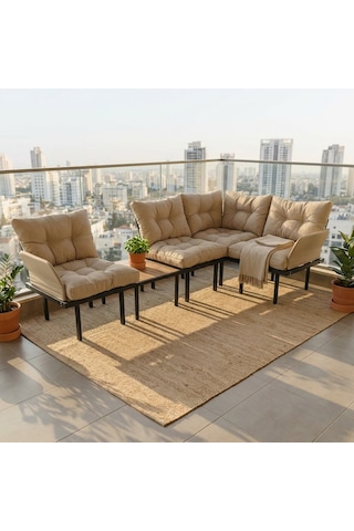 Bahçe Köşe Takımı Balkon Ve Cafe Modüler Metal Köşe Koltuk Takımı Sehpalı Bej 16355 Bej