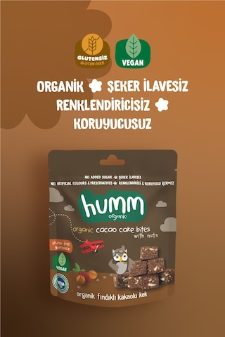 Humm Organic Organik Glutensiz Vegan Kakaolu ve Fındıklı Kek Atıştırmalık 6 x 30 G
