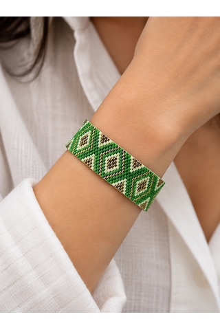 Miyuki Geometri Desen Bileklik Koyu Yeşil-beyaz-altın