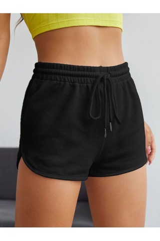 Siyah Yırtmaçlı Bermuda Penye Şort - Penye Baskılı Kordonlu Siyah