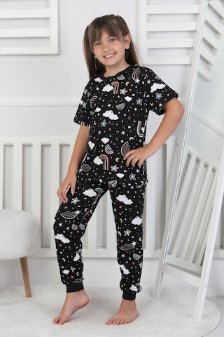 %100 Pamuk Gökkuşağı Desenli Kısa Kollu Manşetli Paça Kız Çocuk Pijama Takımı 3-8 Yaş Siyah
