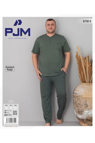 Pijamoni Erkek Battal Düğme Yaka Penye Kısa Kol Pijama Takımı 6730/5 - 1 Adet Yeşil