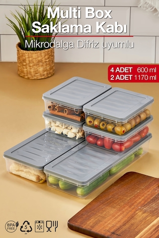 Multi Box 6 Lı Set Saklama Kabı Seti 2 Farklı Boy- Dondurucu & Mikrodalga Uyumlu Gri