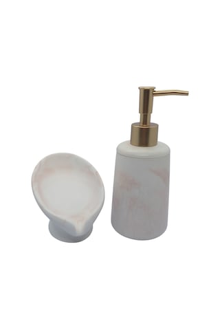 2 Li Taş Banyo Seti Beyaz - Kahverengi Mermer Desenli Aıvı Sabunluk Ve Giderli Katı Sabunluk 18 Cm Beyaz