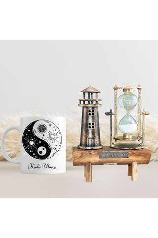 Kişiye Özel Hediyelik Yin Yang Kupa & Deniz Feneri Kum Saati Seti