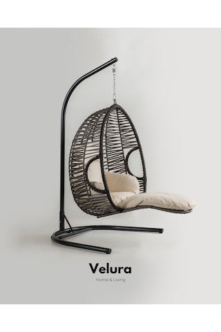 Max Bahçe Salıncağı - Gri Rattan Krem Minder Gri