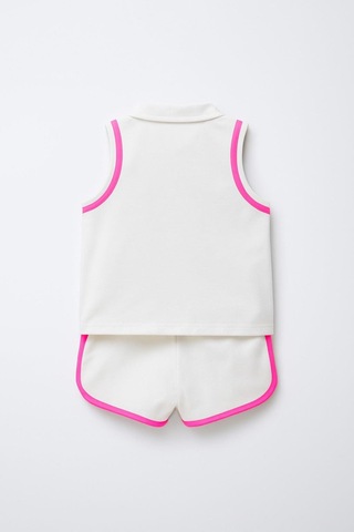 Kız Çocuk Polo Yaka Şerit Detaylı Şortlu Takım - Pembe 3-4 Yaş 8-9 Yaş Pembe