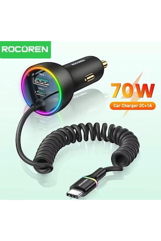 70w Yaylı Şarj Kablolu 3 Girişli Type-c Ve Usb Hızlı Ce Lisanslı