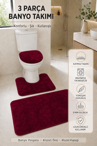 3 Lü Banyo Paspası Halısı Seti Kaymaz Tabanlı Yıkanabilir Klozet Takımı Bordo