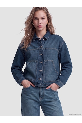 Lcw Vision İndigo Gömlek Yaka Oversize Kadın Jean Ceket