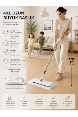 Akıllı Mop Krafz One Click Otomatik Bez Yakalayan Temizlik Seti - Kıskaçlı Duvar Ve Yer Yüzey Mopu, Tüm Bezlerle Ve Islak Mendille Uyumlu El Değmeden Bez Değiştiren 2 Adet Mikrofiber Bez Hediyeli Çok Renkli