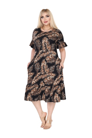 Melsay Butik Siyah Başak Desen Büyük Beden Eteği Fırfırlı Cepli Elbise Siyah
