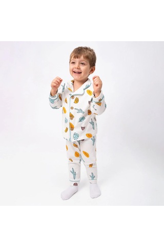 Bebegen Unisex Ekru Yeşil Turuncu Yaprak Kaktüs Desenli Kruvaze Yaka Pijama Takımı