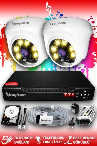Bayicam 2 Kameralı Dome 2 İç Kamera Set 100 GB HDD Full HD Renkli Gece Görüşlü Güvenlik Kamerası Sistemi