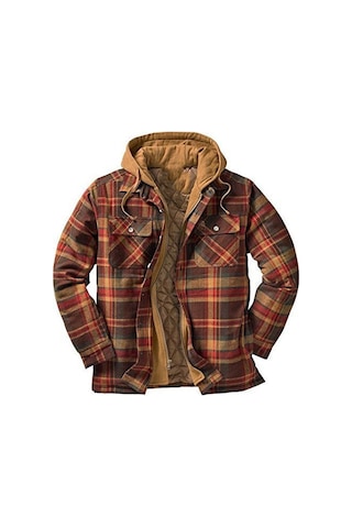 Kalın Pamuklu Ekose Uzun Kollu Bol Kapüşonlu Erkek Ceketi Turuncu