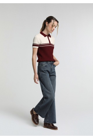 Colin's Colins Slim Fit Polo Yaka Çizgili Kadın Bordo Kısa Kol Kazak Cl1081963 Q1.v1 Bur Burgundy