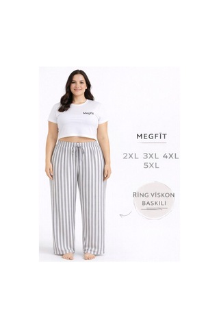 Viskon Pamuklu Kadın Büyük Beden Açık Gri Çizgili Pijama Pantolon - Mgb006 - Mudanis
