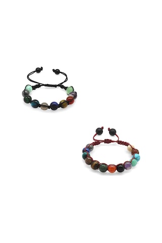 Makrome Örgülü Küre Kesim Multicolor Doğaltaş Kombinli Çocuk-genç Başarı Bilekliği 2li Set Çok Renkli