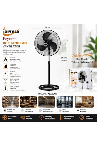 Go İthalat 18 İnç Sanayi Vantilatör 3 Metal Kanat: Çap:56cm - Y: 140cm - 3 Kademe Hız 80w