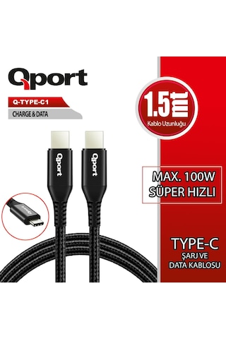 Qport Q-type-c1 1.5 Metre Type-c 100w Pd Şarj Ve Data Kablosu
