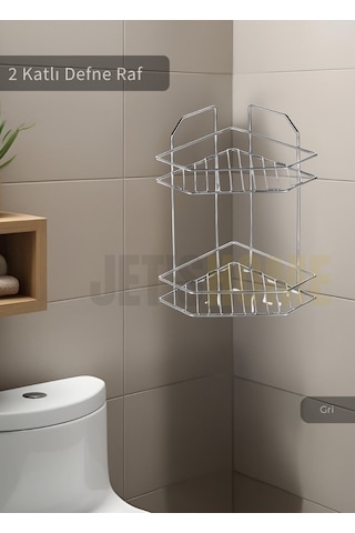 Jet's Home Banyo Rafı Mutfak Rafı Paslanmaz Baharatlık 2 Katlı Köşelik Şampuanlık Krom Krom