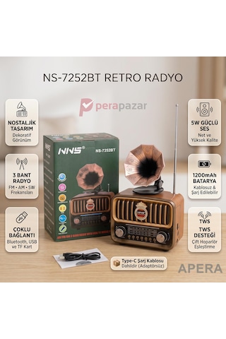 Nns Ns-7252bt Nostaljik Gramofon Radyo Bluetooth Hoparlör Şarj Edilebilir 1200mah Taşınabilir Müzik Çalar Gold