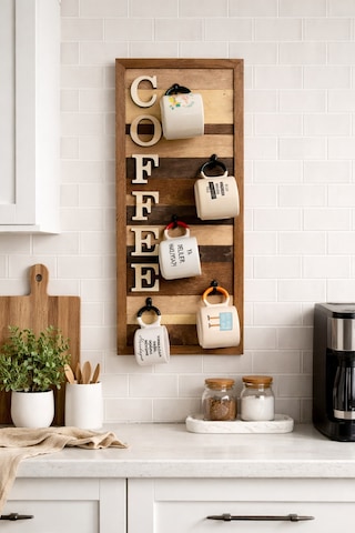 Ahşap Duvar Kupa Askılığı 5 Li Kahve Köşesi Organizer 25x61 Cm