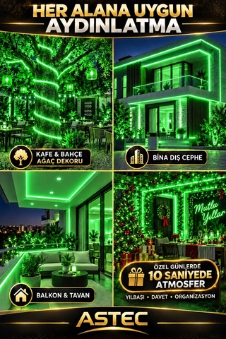 Astec Yapışkanlı 3 Metre Yeşil 220v Silikonlu Şerit Led Yüksek Güç Tak Çalıştır İç Dış Mekân Su Geçirmez