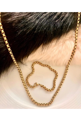 Kalın Zincir Çelik Kararmaz Paslanmaz Gold Kolye Ve Bileklik Set Altın