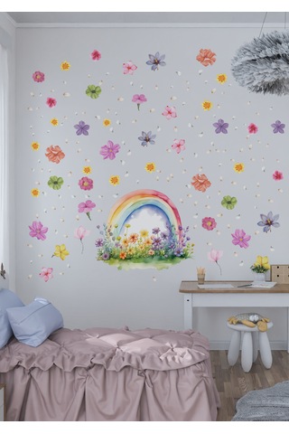 Gökkuşağı & Çiçek Duvar Sticker Mat, Sökülebilir, Dekoratif Duvar Süsü 01
