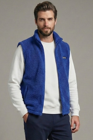 Genius Store Genıus Store Erkek Yelek İçi Şardonlu Sherpa Peluş Yelek Tam Fermuarlı Cepli Kuzu Outdoor Yelek İndigo