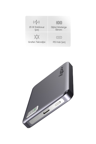 Magsafe Powerbank 10000 Mah 15w Kablosuz, 20w Pd Hızlı Şarj, Dijital Ekran, 180g V0601004 Gri