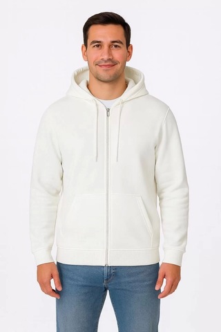 Erkek Üç İplik Kapüşonlu Tam Fermuarlı Kanguru Çepli Sweatshirt Hoodie - Beyaz Beyaz